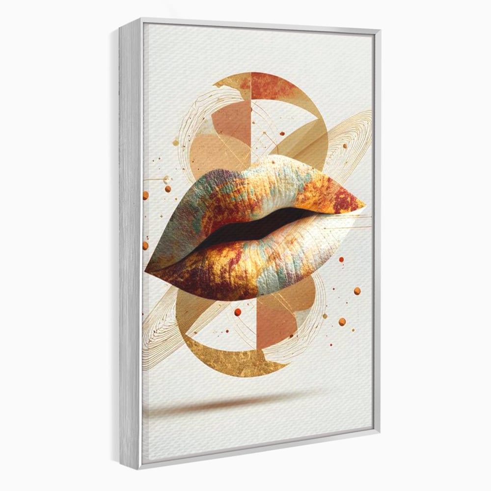 Tablou canvas cu tablou canvas cu buze aurii si forme geometrice, in rama de aluminiu argintiu
